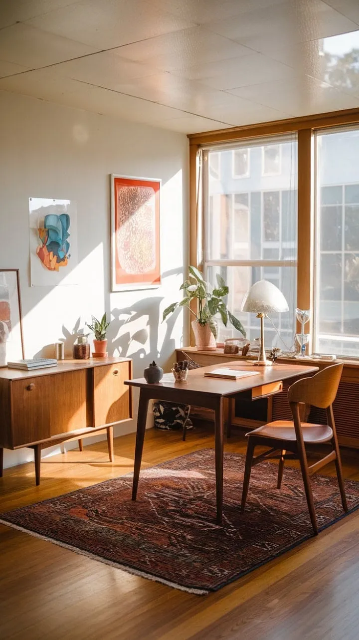 Bathed in sunlight, this mid-century modern home office harmoniously blends warm wood tones and curated details, fostering an inspiring atmosphere for creativity and contemplation.