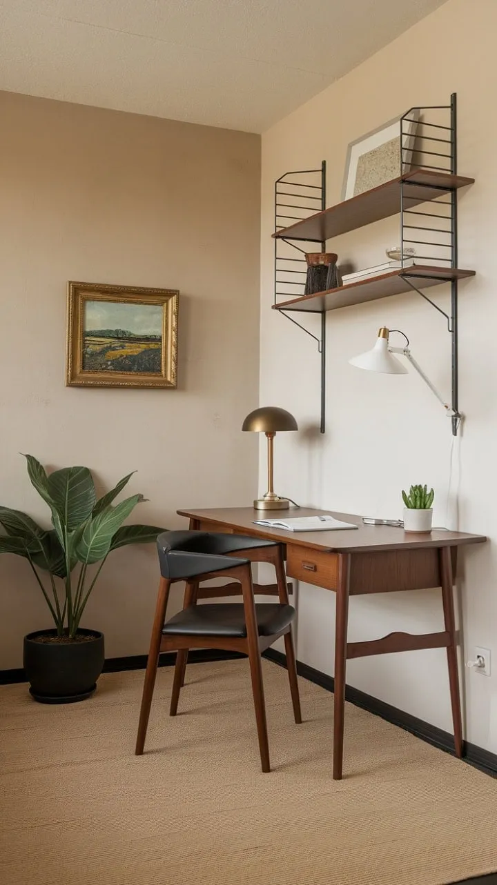 This mid-century modern home office blends elegance and creativity, offering a serene space where inspiration thrives amidst clean lines and warm beige tones.