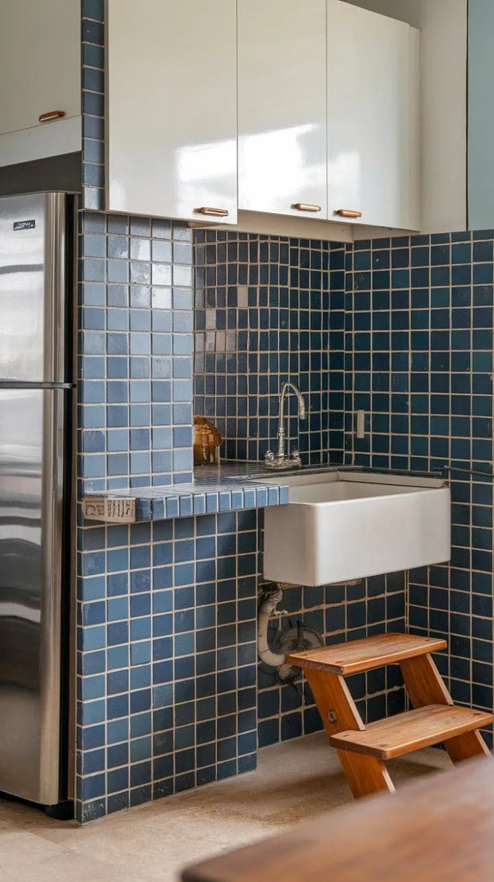 This mid-century modern kitchen, featuring a striking blue and white backsplash, embodies timeless elegance with its clean lines and cool tones.