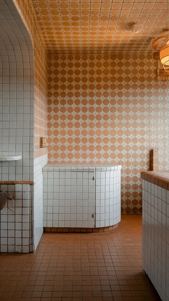 This kitchen effortlessly blends retro charm with modern functionality, showcasing a vibrant orange and white palette alongside a stunning circular tile backsplash and rounded cabinetry.