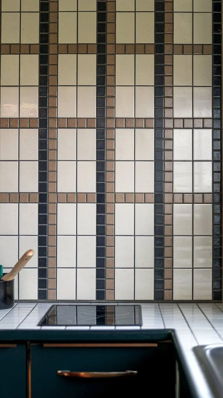 This mid-century modern kitchen blends geometric lines and retro charm, highlighted by a striking black and white tile backsplash and a serene white counter adorned with a simple cooking utensil.