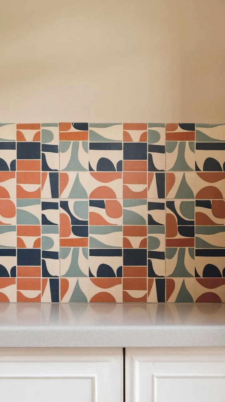 This mid-century modern kitchen backsplash dazzles with vibrant geometric patterns in orange, blue, and green, blending playful charm with sophisticated retro design.