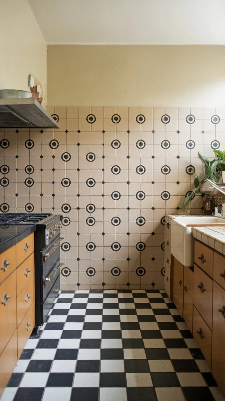 This mid-century modern kitchen showcases geometric elegance with its chic beige and black tile backsplash, striking checkered floor, and a splash of greenery for a timeless yet vibrant appeal.