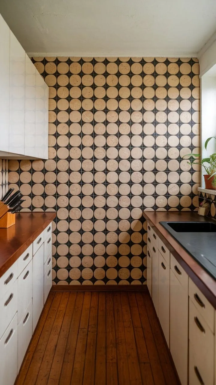 In this kitchen, a stunning beige and black tile backsplash reaches for the ceiling, harmonizing mid-century charm with geometric elegance, while a potted plant breathes life into the sophisticated space.