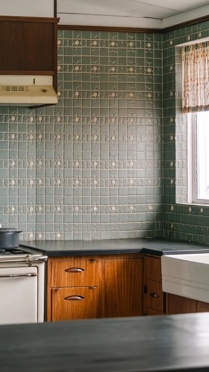 This kitchen beautifully blends warm wood tones with a vibrant green and white tiled backsplash, creating a timeless aesthetic that balances vintage charm and modern functionality.