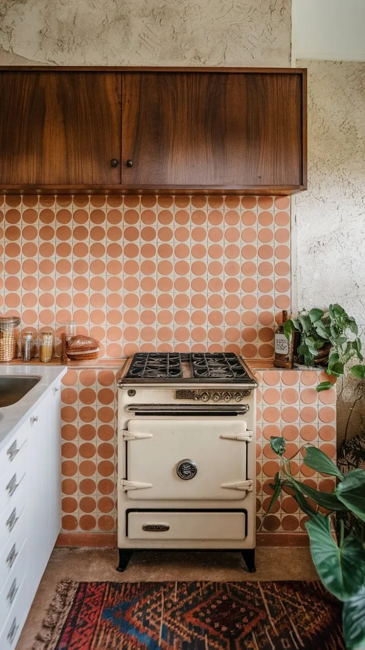In this mid-century modern kitchen, vibrant orange and white accents harmonize with vintage elements, creating a sun-kissed oasis of retro charm and effortless cool.