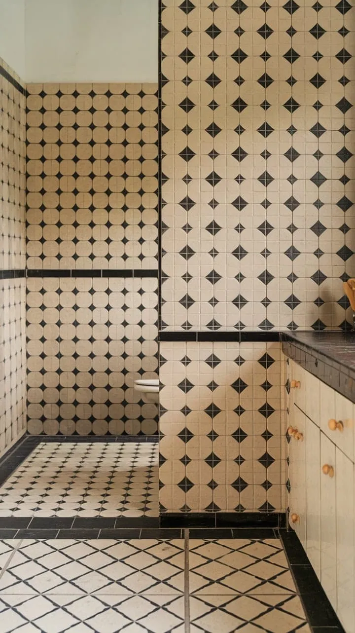 This mid-century modern space captivates with clean lines, bold patterns, and striking geometric tilework in beige and black, embodying the timeless allure of minimalist design.