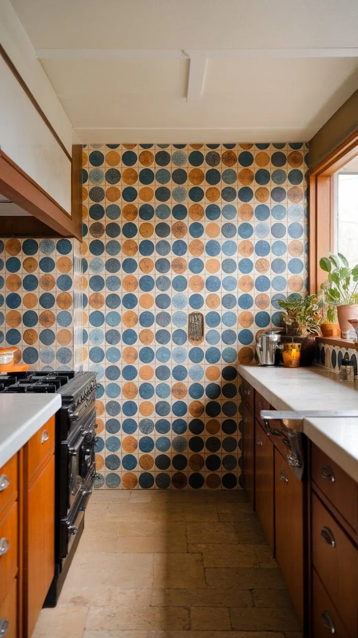 This mid-century modern kitchen captivates with its playful circular tile backsplash and warm wood accents, creating a stylishly inviting space that beautifully balances form and function.