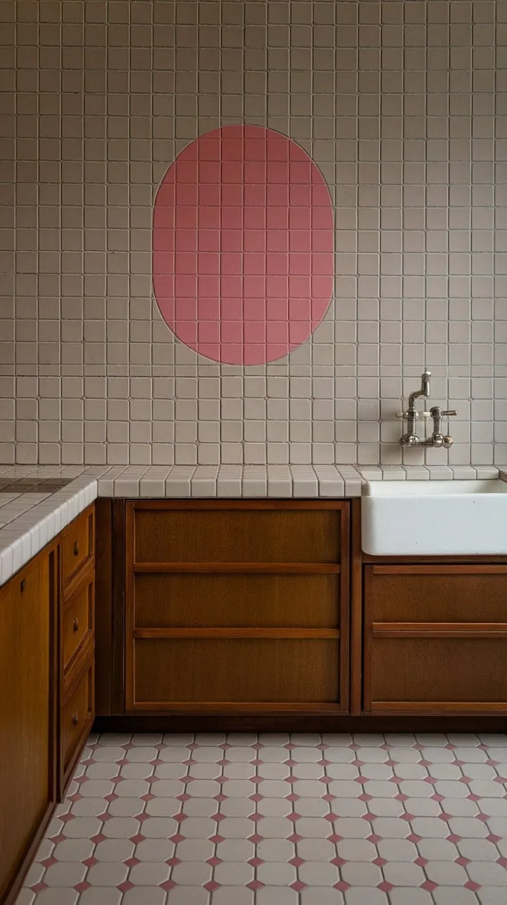 This mid-century modern kitchen harmoniously fuses retro charm with subtle sophistication through its custom beige and pink tile backsplash and flooring, creating a timeless and artistic culinary haven.