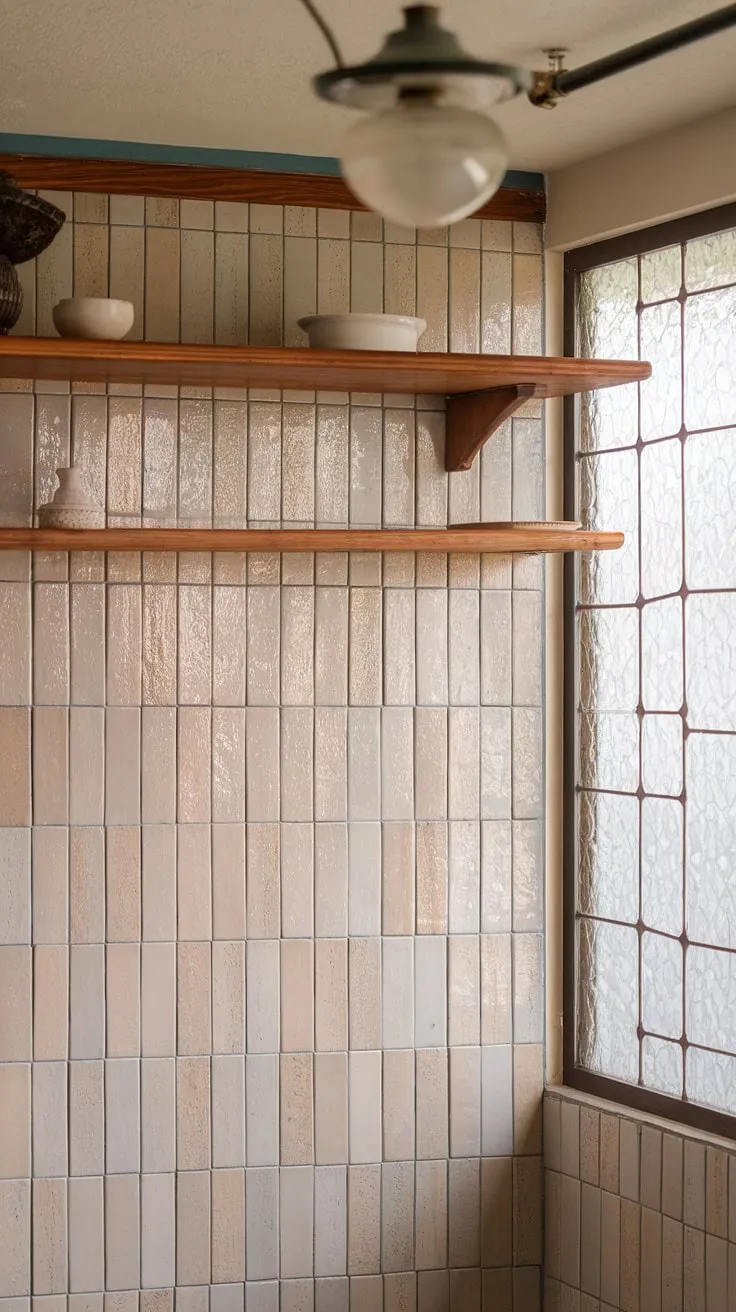 Sunlight streams through the patterned glass window, illuminating the creamy beige tile backsplash and the rustic wooden shelf above. A truly serene space, perfect for quiet mornings and leisurely evenings. A kitchen designed for both functionality and beauty.