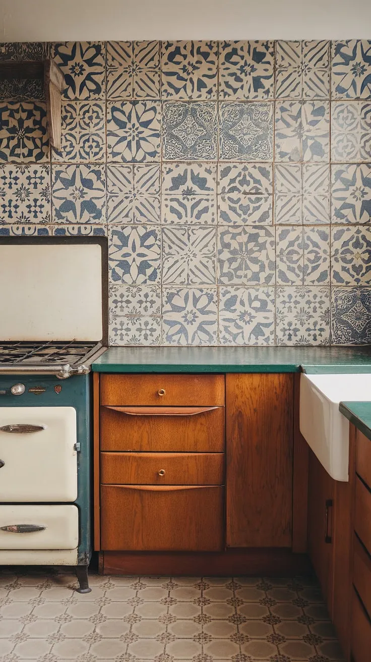 A symphony of color and pattern: This mid-century kitchen boasts a stunning blue and white floral tile backsplash, perfectly complementing the green countertops and warm wood tones. A charming white sink and vintage stove add to the overall retro appeal, creating a space that's both stylish and functional. A delightful escape to a bygone era.