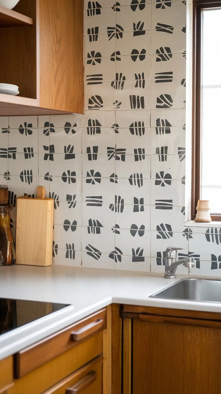 Clean lines and bold patterns define this mid-century modern kitchen. The white tile backsplash, with its striking black abstract design, adds a touch of graphic artistry to the warm wood cabinetry and bright window, creating a space that's both stylish and functional. A perfect blend of form and function, this kitchen is a testament to timeless design.