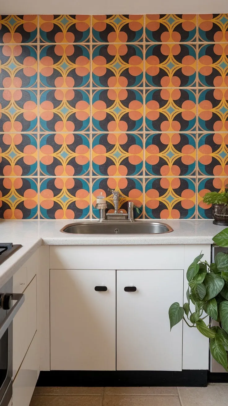The retro charm of this mid-century kitchen is undeniable. A striking geometric backsplash in sunny hues anchors the space, while the clean lines of the stainless steel sink and white countertops create a sense of calm. A simple green plant adds a touch of nature, completing this perfectly curated A haven of mid-century modern design.