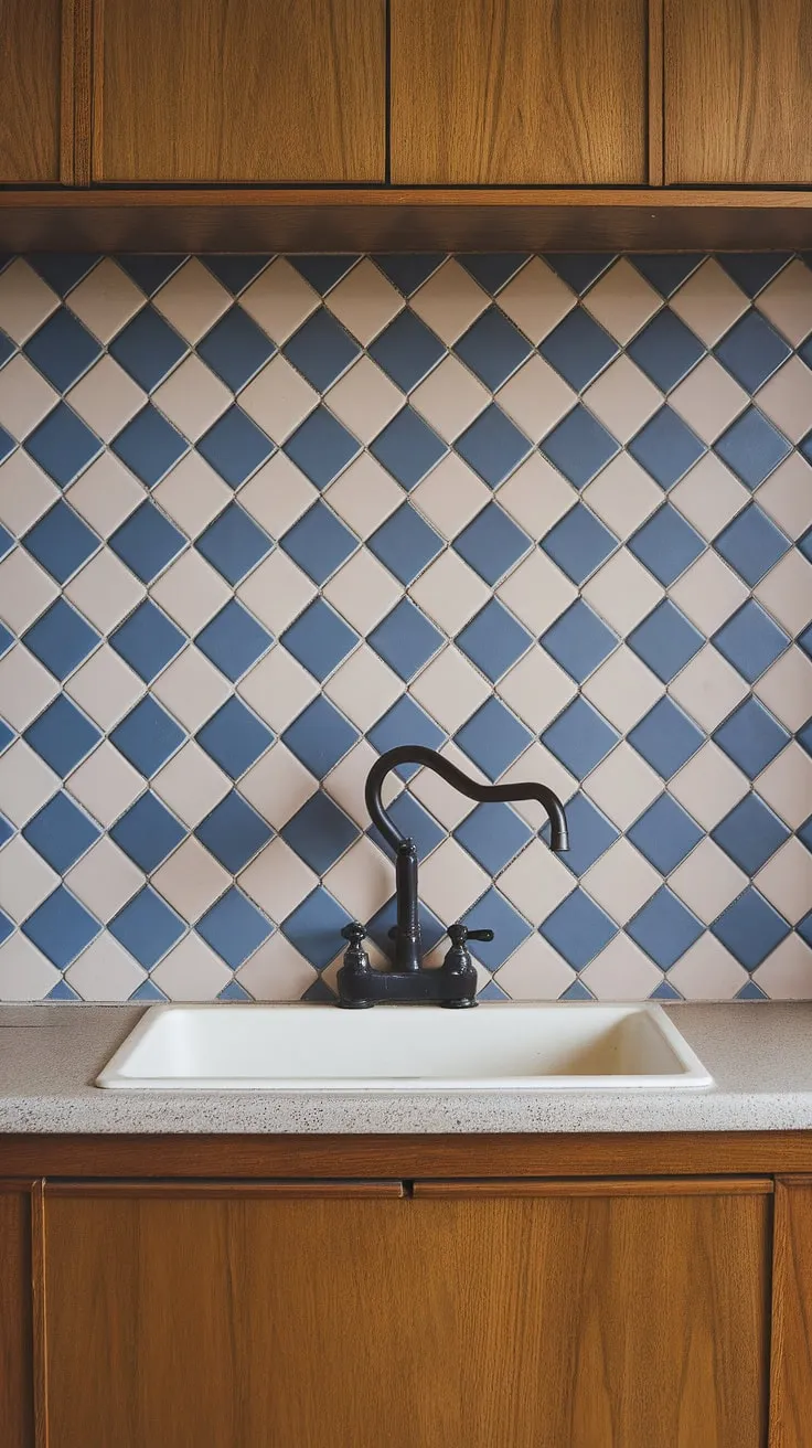 The subtle elegance of mid-century modern design shines through in this kitchen, where a custom beige and blue diamond-patterned tile backsplash adds a touch of understated sophistication. The warm wood cabinetry and crisp white sink create a timeless and inviting space.