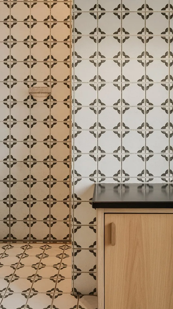 The clean lines of mid-century modern design are perfectly complemented by the timeless elegance of the black, beige, and white patterned tile, a recurring motif that unites the kitchen and bathroom, creating a cohesive and stylish living space. A testament to enduring design principles, this home seamlessly blends functionality with aesthetic appeal. A true classic.