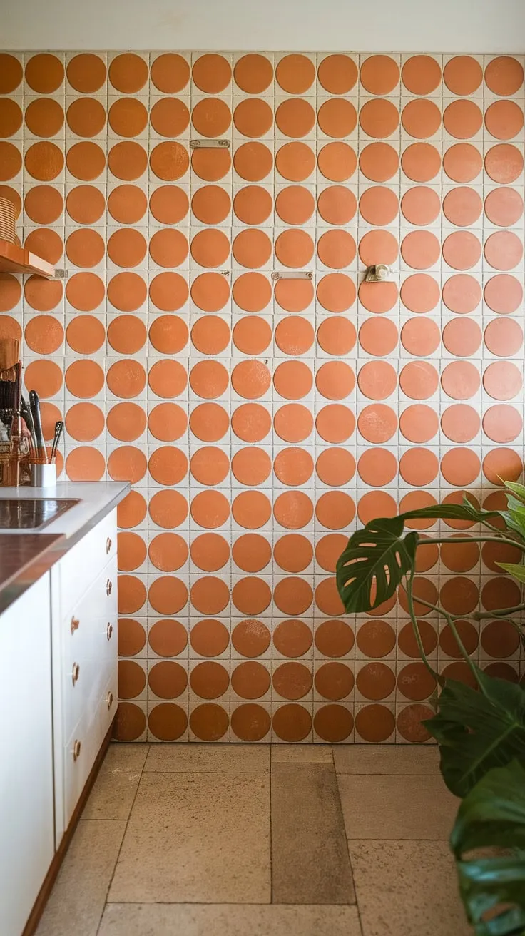 Sunshine spills onto the cheerful orange and white mid-century modern backsplash, a vibrant focal point in this retro kitchen. The playful circular tile pattern adds a touch of whimsy, perfectly complemented by the calm beige floor and a splash of green from a thriving plant. A testament to timeless design.