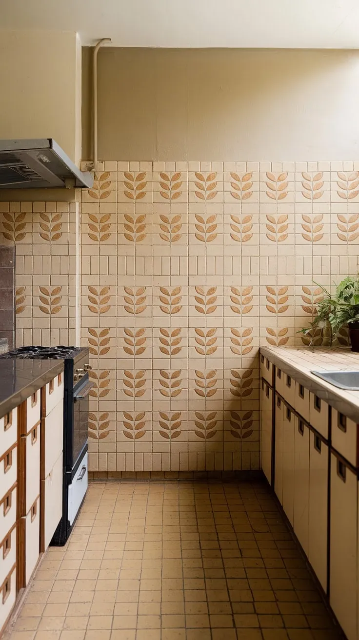 This mid-century kitchen is a testament to timeless design. The subtle orange and beige color scheme, accented by the unique leaf-patterned tiles, creates a calming and sophisticated atmosphere. A true haven for culinary creativity.