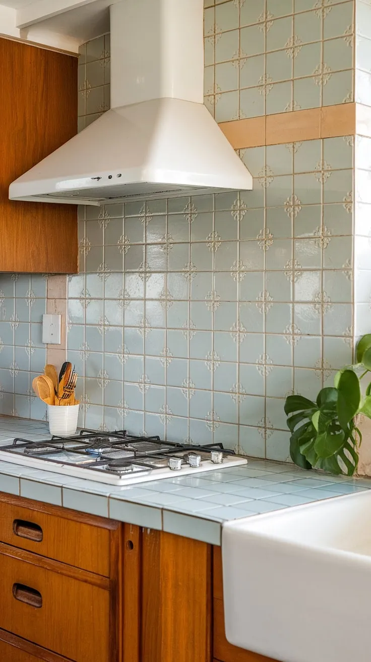 This stunning mid-century modern kitchen is a dream come true. The subtle blue and white tile backsplash is the perfect complement to the warm wood cabinetry and bright white surfaces. A perfectly curated space, brimming with character and charm, ready for culinary adventures.
