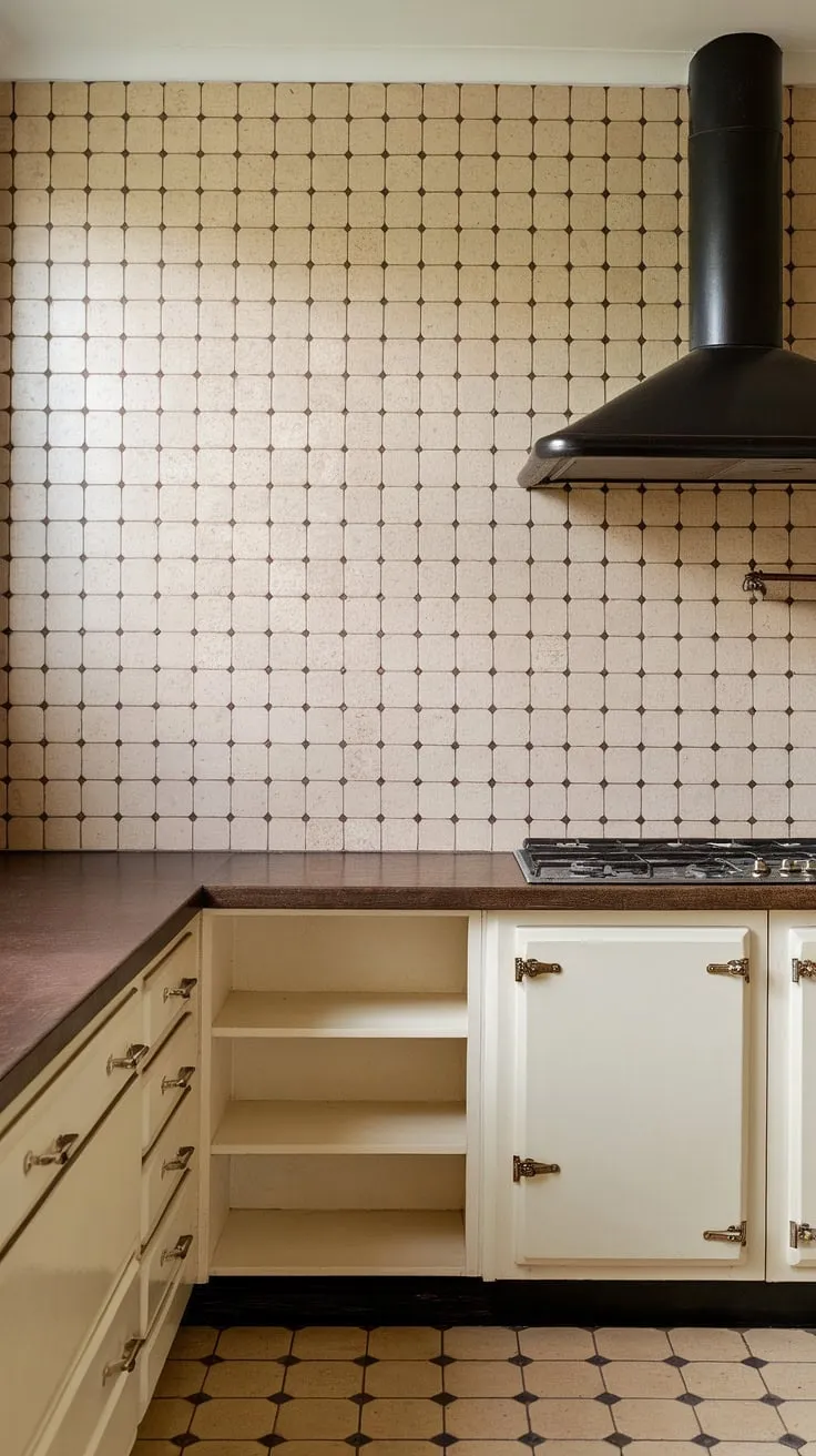 A mid-century modern dream realized. The expansive beige tile backsplash, punctuated by dark brown circles and lines, anchors this kitchen's sophisticated aesthetic. The dark countertop and checkered floor add depth and visual interest, creating a space that is both stylish and effortlessly functional. A true design classic.