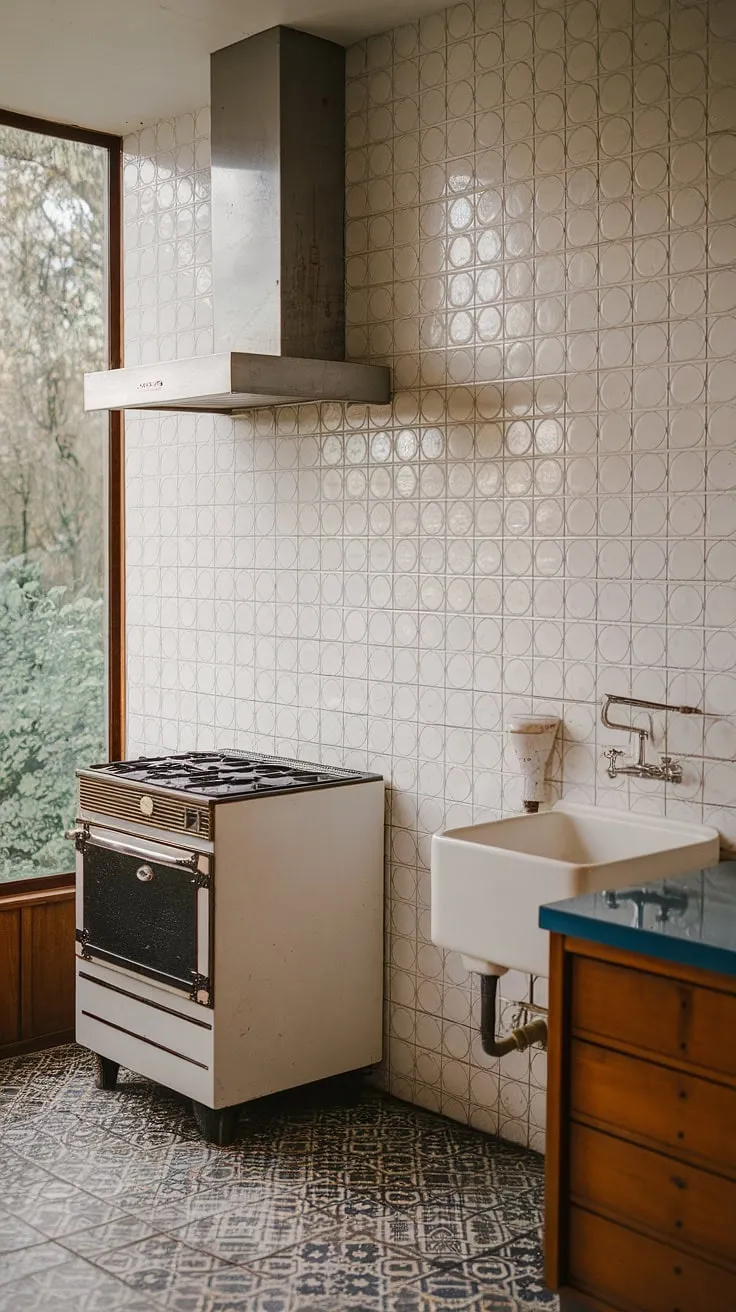 Sunlight streams through the window, illuminating the subtle concentric circles of the white tile backsplash in this mid-century modern kitchen. The patterned floor and sleek appliances complete the effortlessly stylish A aesthetic.
