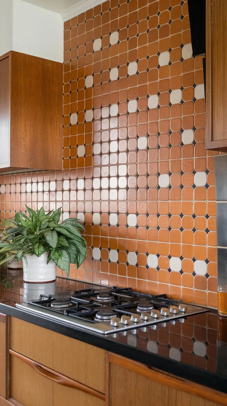 This kitchen's retro charm is undeniable. The bold orange and white circular tile backsplash, reaching the ceiling, creates a dynamic and playful atmosphere. The contrast with the dark countertops and wooden cabinets is exquisite, and the addition of a green plant brings a sense of calm. A truly unique and inspiring space.