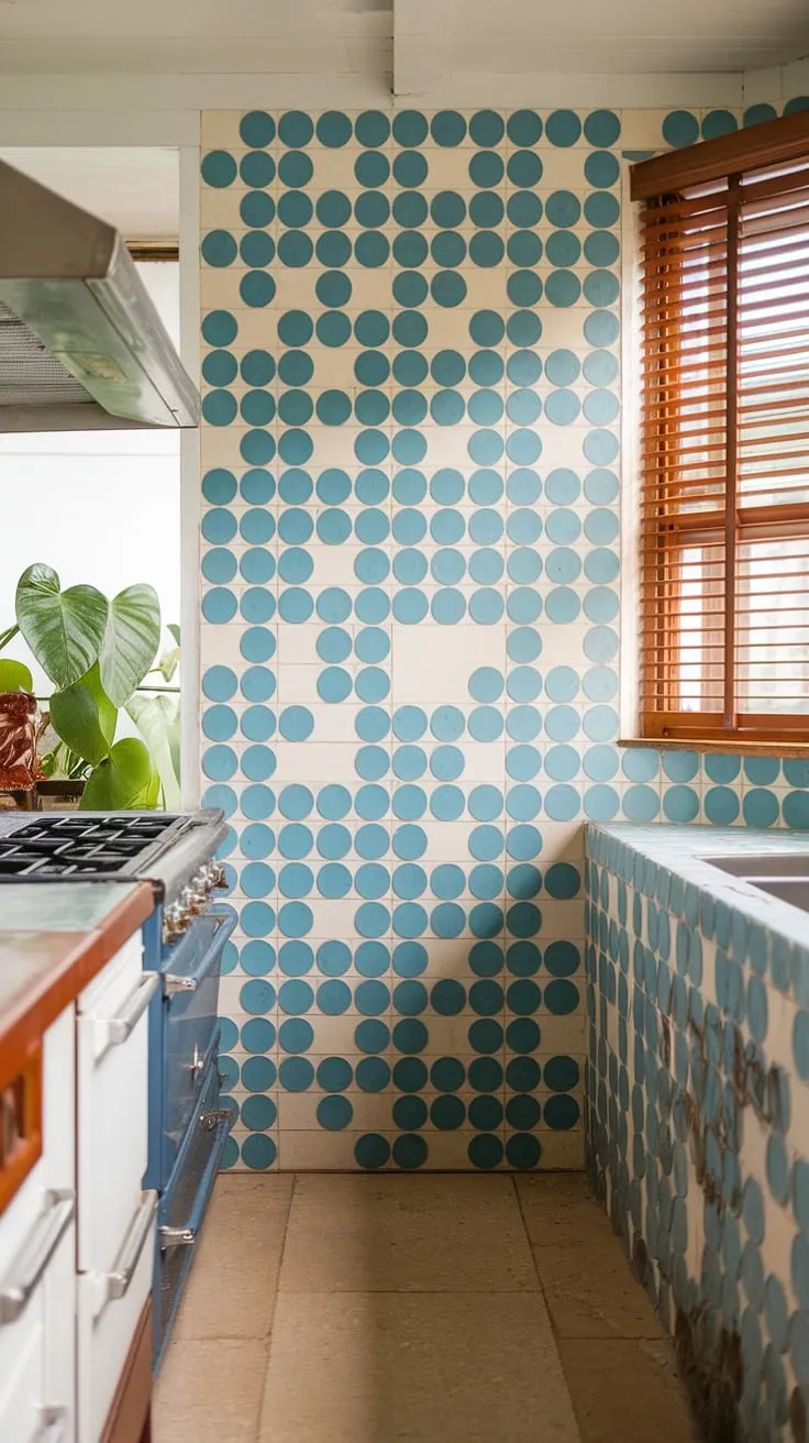 Step back in time with this mid-century modern kitchen, where the vibrant blue and white wave-patterned backsplash adds a playful touch to the classic design. The warm beige floor and wooden blinds create a sense of calm, while the green plant adds a touch of nature to this perfectly curated space. A testament to timeless style and functionality.