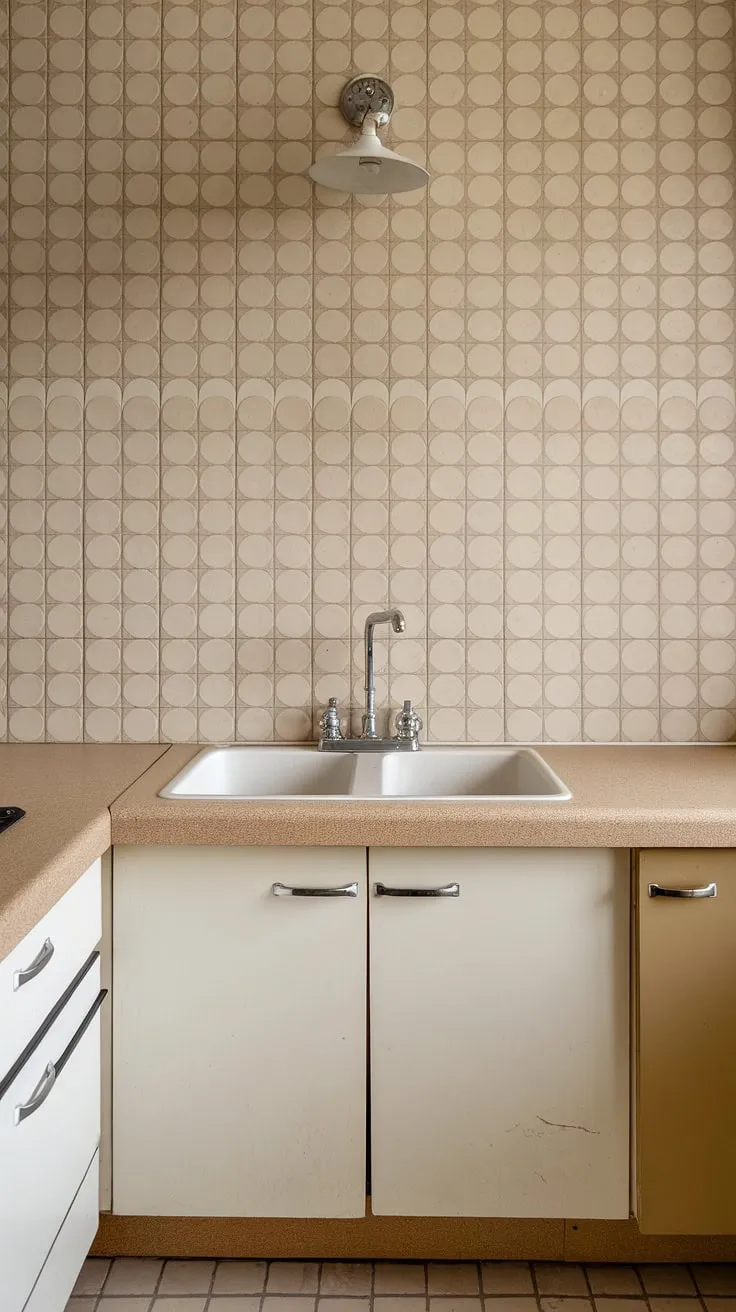 Step back in time with this mid-century modern kitchen. The subtle beige and white circular tile backsplash, paired with the gleaming chrome fixtures and Formica countertops, creates a timeless elegance that's both retro and refreshingly modern. A perfect blend of functionality and style.