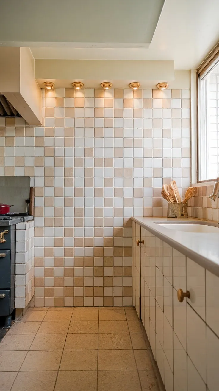 This mid-century modern kitchen is a study in understated elegance. The carefully considered design, from the beige and white tiled backsplash to the gleaming gold cabinet knob, speaks to a commitment to both functionality and aesthetic appeal. A perfect blend of form and function, this space is a testament to timeless design.
