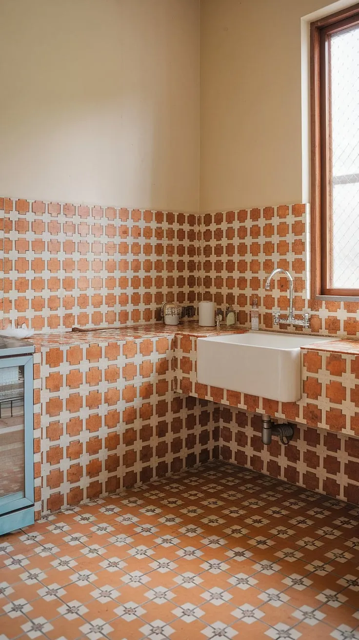 Sunshine streams into this mid-century modern kitchen, illuminating the vibrant orange and white tiled backsplash and floor-a playful geometric pattern that adds a touch of retro charm. The clean lines of the white cabinetry and chrome faucet complete the timeless aesthetic. A perfect blend of functionality and style.
