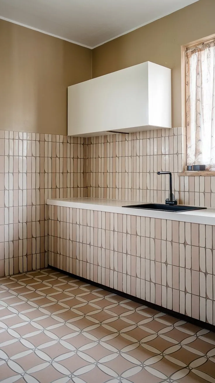 A symphony of subtle curves: the beige and white tile work in this mid-century modern kitchen is a masterpiece of understated elegance. The flowing pattern, continued from backsplash to floor, unites the space while the white countertops and black sink provide a striking contrast. A perfect example of how simple details can create a sophisticated and inviting atmosphere.