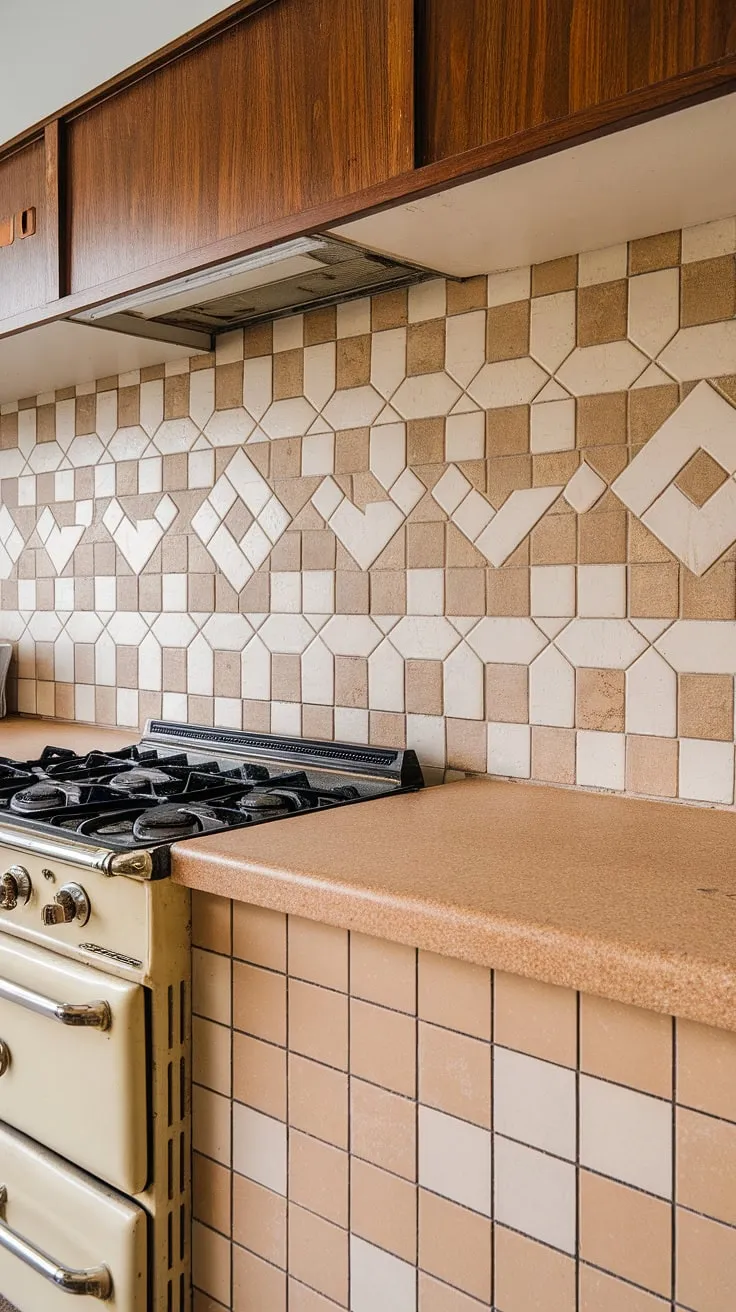 Step back in time with this mid-century modern kitchen. The unique beige and white diamond-patterned tile backsplash, paired with the vintage stove and Formica countertops, creates a timeless aesthetic. A perfect blend of retro charm and understated elegance. A true testament to classic design.