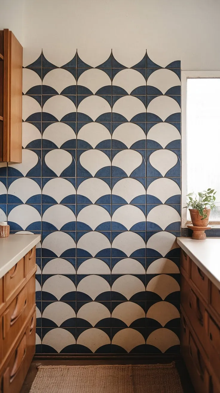 Mid-century modern magic meets a captivating backsplash. The swirling blue and white tiles create a focal point that perfectly complements the warm wood tones and creates a kitchen brimming with personality. A touch of greenery adds to the serene atmosphere.