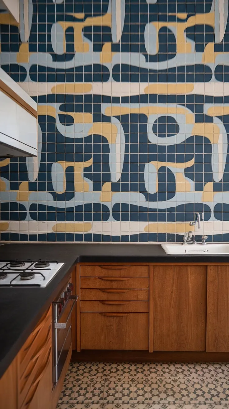 Step back in time with this mid-century modern kitchen. The vibrant, abstract backsplash in blues, yellows, and whites is a stunning focal point, perfectly complemented by the sleek black countertops and warm wood cabinetry. A true testament to timeless design. A retro dream come true.