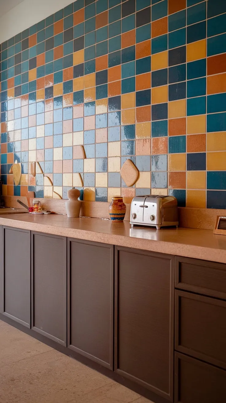 This kitchen's retro charm is undeniable. The unique, glossy backsplash in shades of blue, orange, and yellow creates a dynamic focal point, perfectly complementing the warm beige countertops and dark cabinetry. A delightful blend of vintage aesthetics and modern functionality.