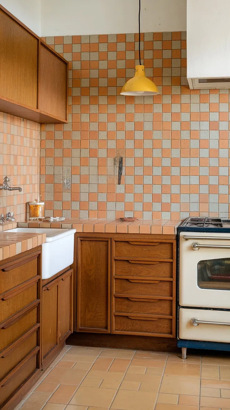 This kitchen's vibrant orange and beige tile backsplash is a stunning focal point, perfectly complemented by the warm wood cabinetry and crisp white appliances. The retro design is both timeless and utterly charming, a testament to the enduring appeal of mid-century modern aesthetics. A true gem.