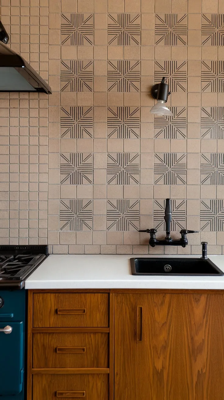 A symphony of textures and tones: The unique circular pattern on the black tiles of the backsplash adds a playful touch to this otherwise classic mid-century modern kitchen. A sleek black sink and pendant lamp complete the sophisticated aesthetic, creating a space that's both stylish and functional. A dream kitchen come to life.