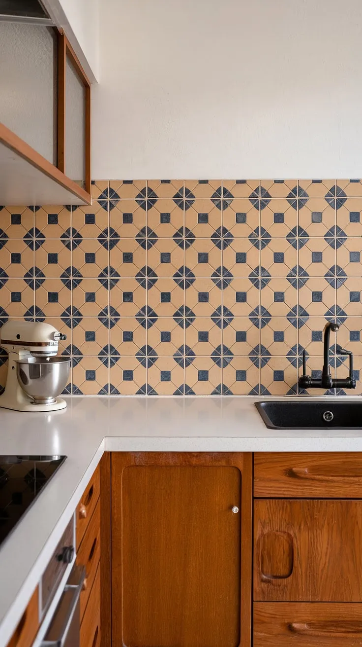Step back in time with this mid-century modern kitchen, where the Elsie-inspired backsplash of beige and blue tiles adds a touch of retro charm. The vintage mixer is the perfect finishing touch to this perfectly preserved space. A testament to timeless design and enduring style. A true kitchen haven.