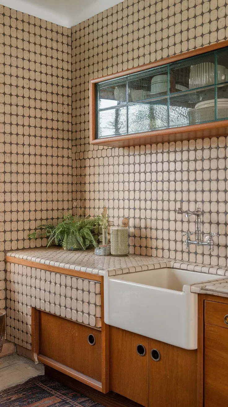 This mid-century modern kitchen is a dream. The detailed circle tile backsplash, a hallmark of the era, creates a captivating focal point. The warm wood cabinetry, paired with the vibrant green glass accent above the sink, adds a touch of playful sophistication. A simple yet elegant space, perfectly capturing the charm of a bygone era. A truly timeless design.