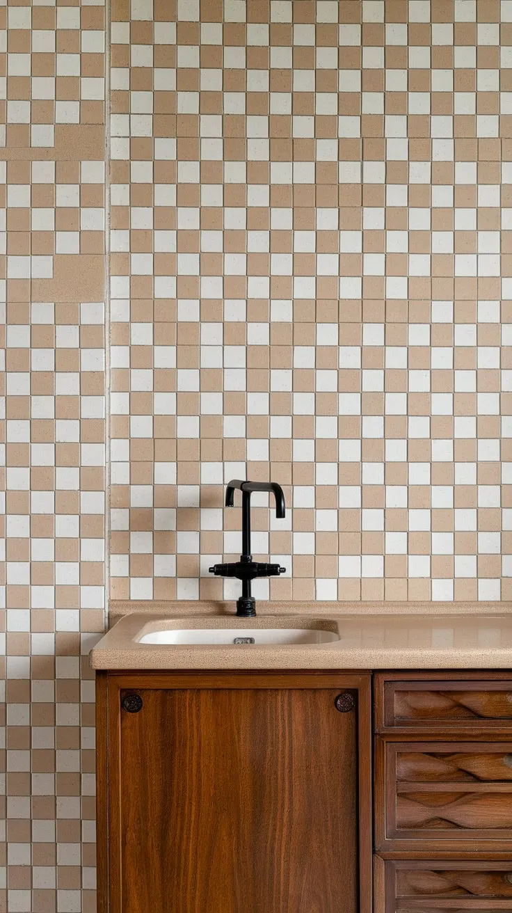 The warm glow of the mid-century modern aesthetic shines through in this kitchen, where the interplay of beige and white tiles creates a timeless backsplash. A sleek black faucet and pristine white sink complement the rich wood cabinetry, showcasing a harmonious blend of textures and tones. A subtle patterned tile adds a touch of personality to the space.