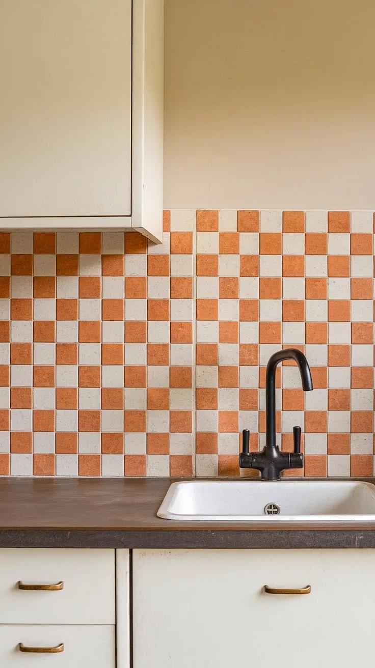 A retro kitchen dream: the textured orange and white tiles create a stunning backsplash, a focal point that perfectly balances the dark countertop and classic white cabinets. A simple yet striking design, full of mid-century charm.