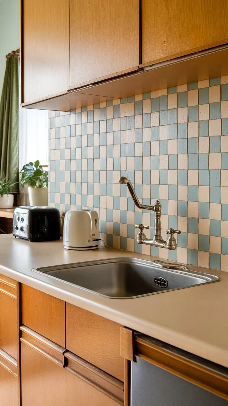 This mid-century modern kitchen is a dream. The light beige countertops and warm wood cabinets are beautifully balanced by the cool, textured beige and light blue basketweave backsplash. A classic stainless steel sink and pull-down faucet are the perfect functional additions, while the window with green curtains and potted plant add a touch of nature to this perfectly styled space. A simple black toaster and white kettle complete the scene.