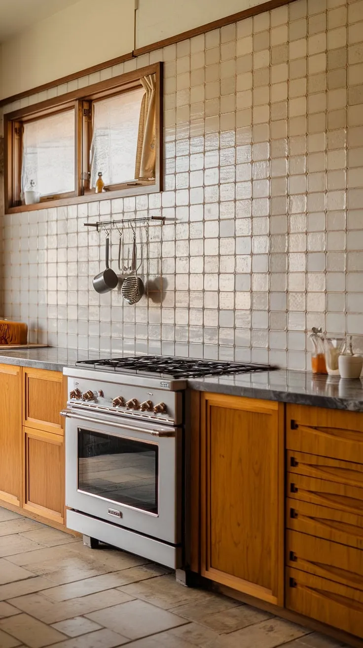 The subtle elegance of this mid-century kitchen is undeniable. A grid of textured beige tiles forms a captivating backsplash, while the golden wood cabinets and dark countertops offer a sophisticated contrast. The hanging pot rack and window with wooden frames complete the perfectly curated aesthetic.