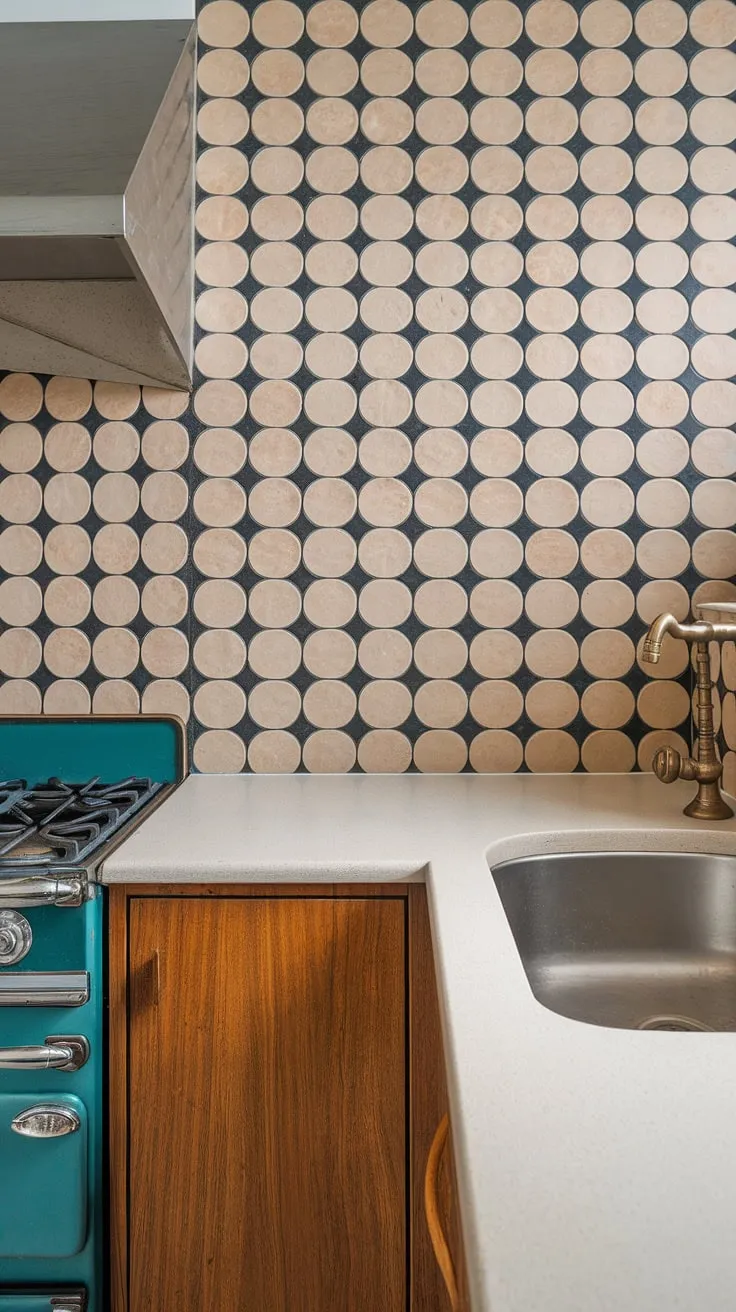 This home's retro-chic kitchen and bathroom are a testament to the enduring power of mid-century modern design. The subtle interplay of beige and black tiles, arranged in captivating diamond and wave patterns, creates a visually stunning backdrop for the warm wood cabinets, stainless steel sink, and brass faucet. Every detail, from the vintage stove to the carefully chosen fixtures, contributes to the overall sense of refined simplicity and timeless elegance.