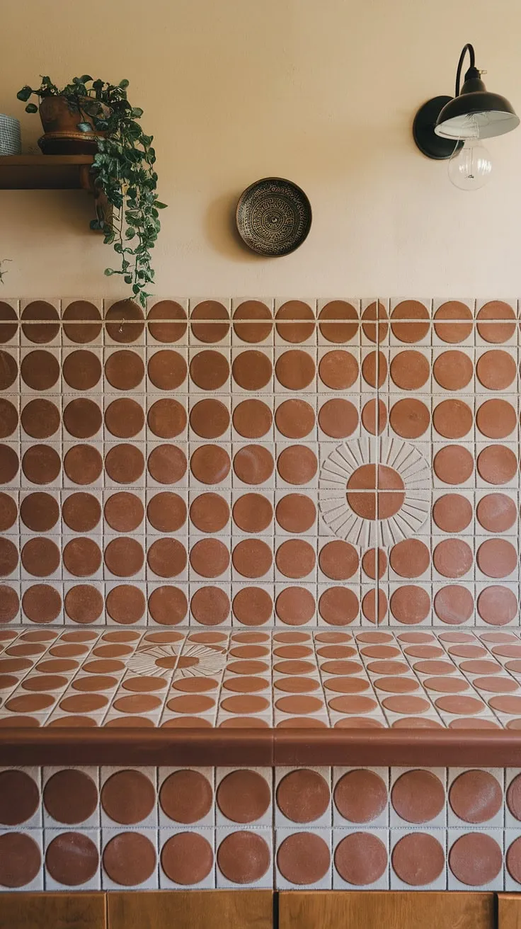 Warm terracotta tones and mid-century modern design create a kitchen backsplash that's both functional and a stunning focal point. The circular pattern adds a touch of playful sophistication, perfectly complemented by the carefully chosen décor. A testament to timeless style.