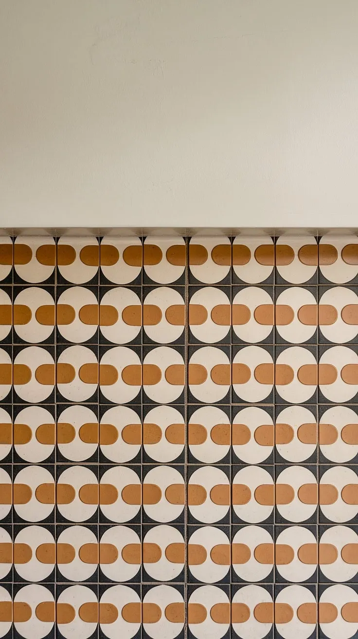A retro-chic dream: this kitchen's backsplash is a masterclass in mid-century modern style. The wavy pattern of orange and black tiles against a crisp white backdrop is both playful and sophisticated, adding a touch of vintage charm to the space. A true showstopper.