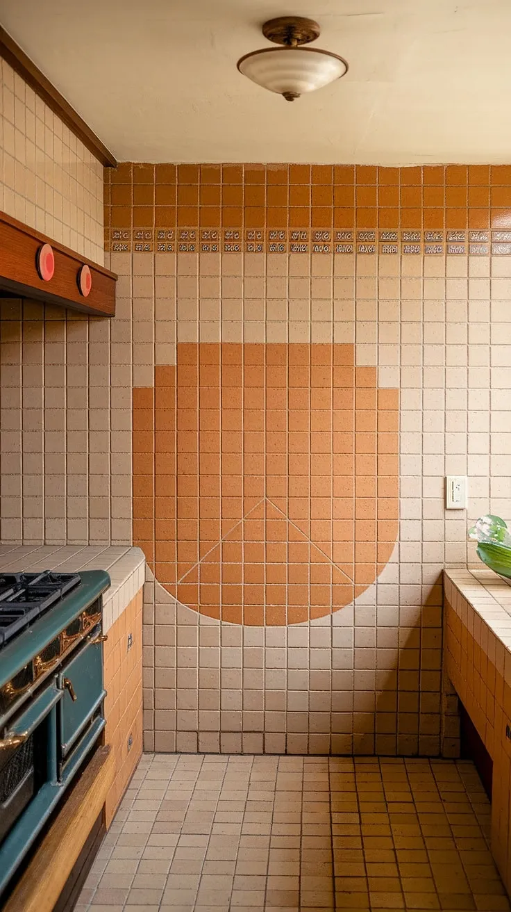 This kitchen's retro charm is undeniable. The playful geometry of the orange and beige backsplash, featuring a striking circular and triangular design, is a true showstopper. A simple wooden shelf and a touch of greenery complete the scene, creating a space that's both stylish and inviting. A delightful example of mid-century modern design at its finest.