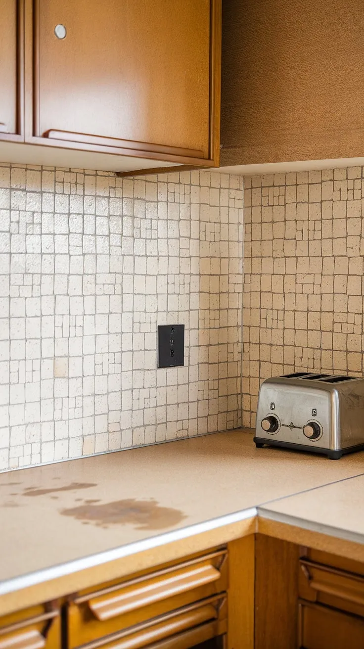 Warm honey-toned wood cabinets meet a subtly textured, beige and white tiled backsplash in this mid-century modern kitchen. The vintage toaster adds a charming touch to the slightly worn, yet undeniably stylish countertops. A testament to enduring design, this space effortlessly blends functionality with timeless appeal. A perfectly preserved example of a bygone era.