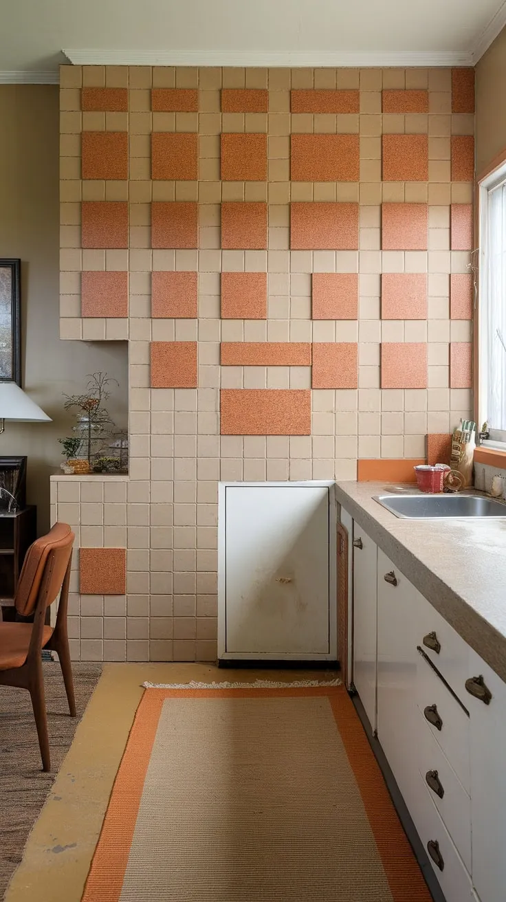 The warm hues of the orange and beige tiles create a wonderfully nostalgic atmosphere in this mid-century modern kitchen; a testament to the enduring appeal of simple, functional design. The textured backsplash adds a touch of unexpected elegance, perfectly complementing the vintage aesthetic. A true time capsule of style.