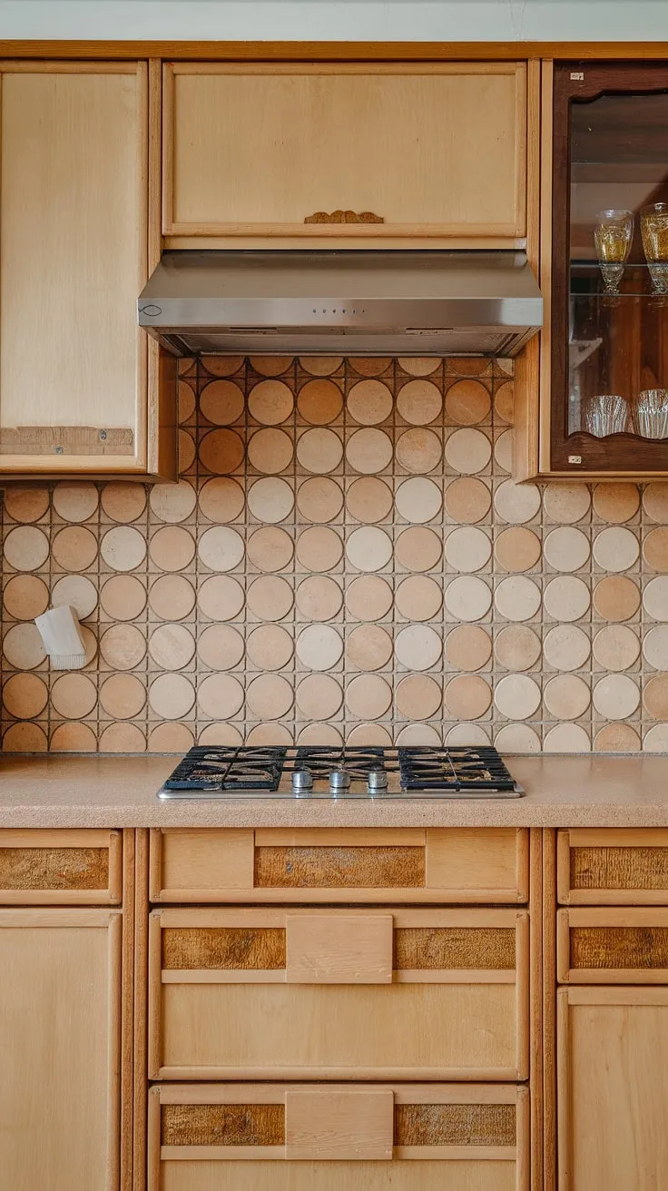 A symphony of subtle textures and colors defines this mid-century modern kitchen. The patterned backsplash, light wood cabinetry, and stainless steel appliances create a harmonious space, showcasing a sophisticated simplicity that's both inviting and undeniably chic. A true testament to enduring style.