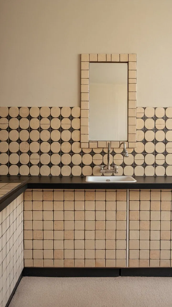 This mid-century modern kitchen elegantly fuses subtle sophistication with timeless design, featuring a striking beige and black backsplash that captivates against a backdrop of contrasting textures.